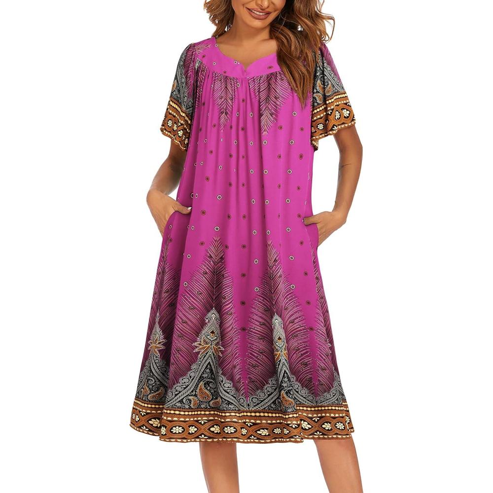 imageEkouaer Womens Nightgown Short Sleeve House Dress with PocketsFloral Print Mumu DressFloral Rose Red