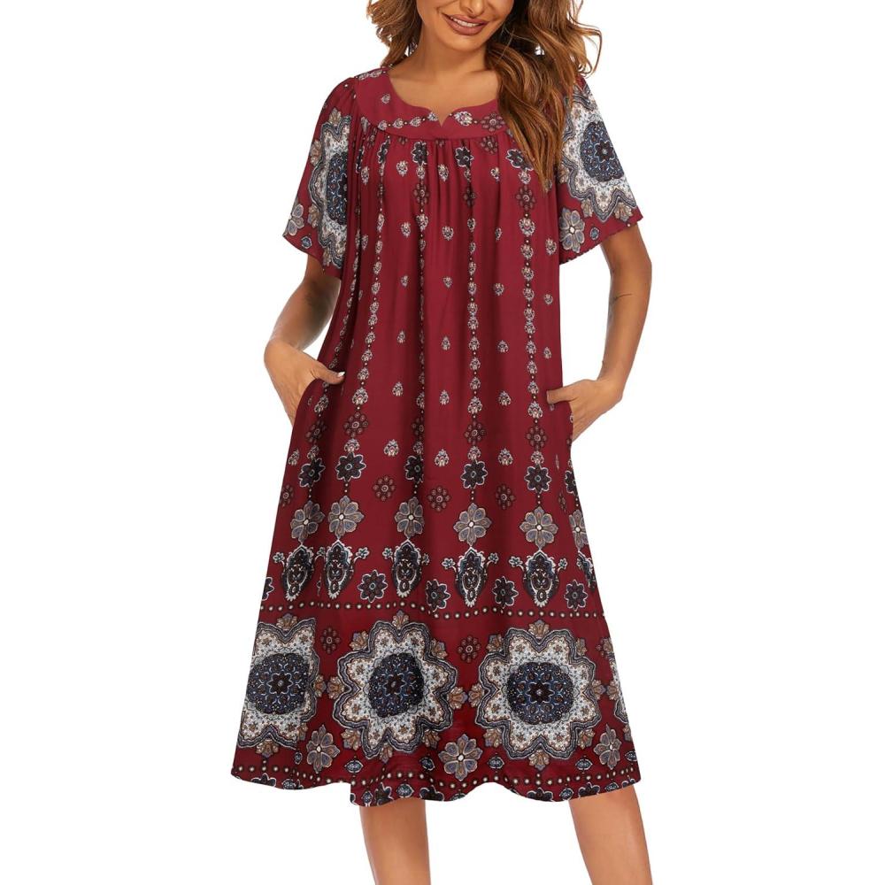 imageEkouaer Womens Nightgown Short Sleeve House Dress with PocketsFloral Print Mumu DressFloral Wine Red