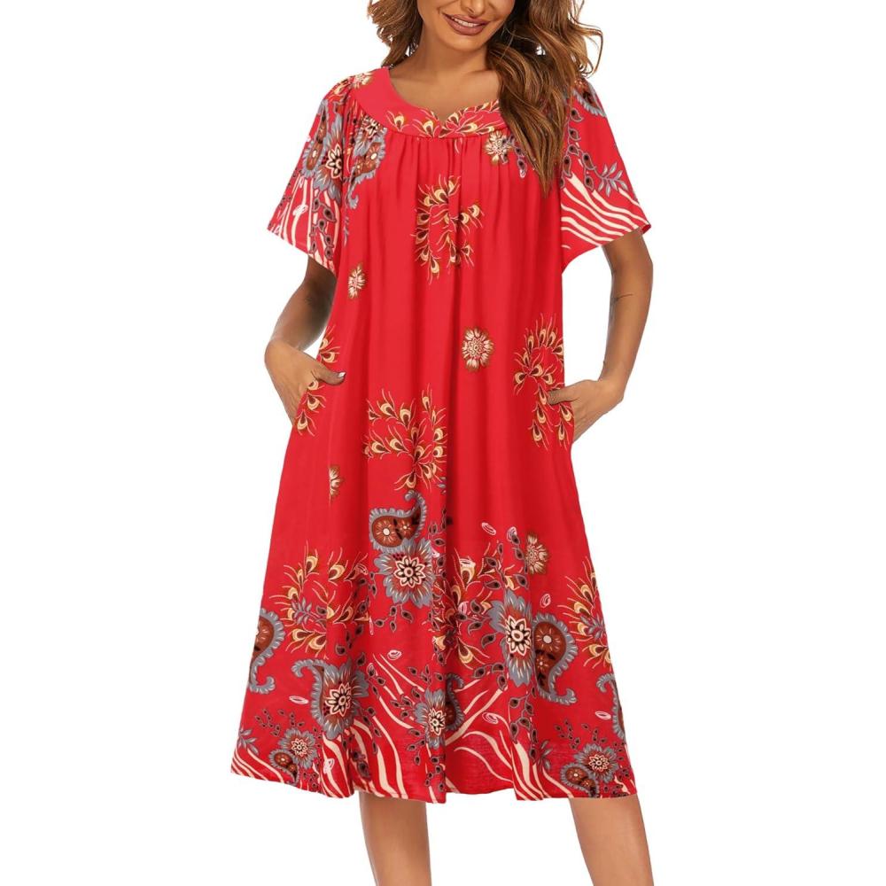 imageEkouaer Womens Nightgown Short Sleeve House Dress with PocketsFloral Print Mumu DressFlower Red