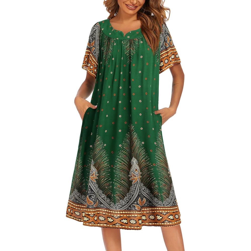 imageEkouaer Womens Nightgown Short Sleeve House Dress with PocketsFloral Print Mumu DressGreen Feather