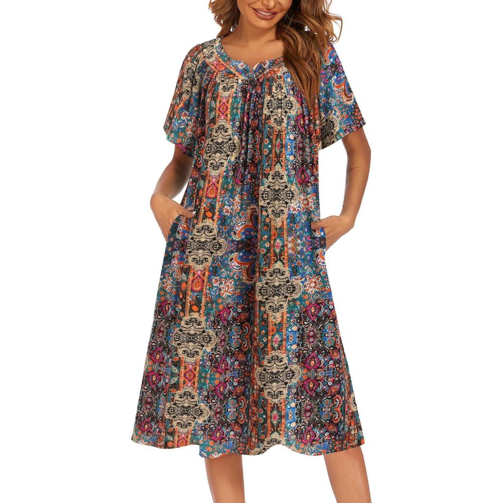 imageEkouaer Womens Nightgown Short Sleeve House Dress with PocketsFloral Print Mumu DressMz721