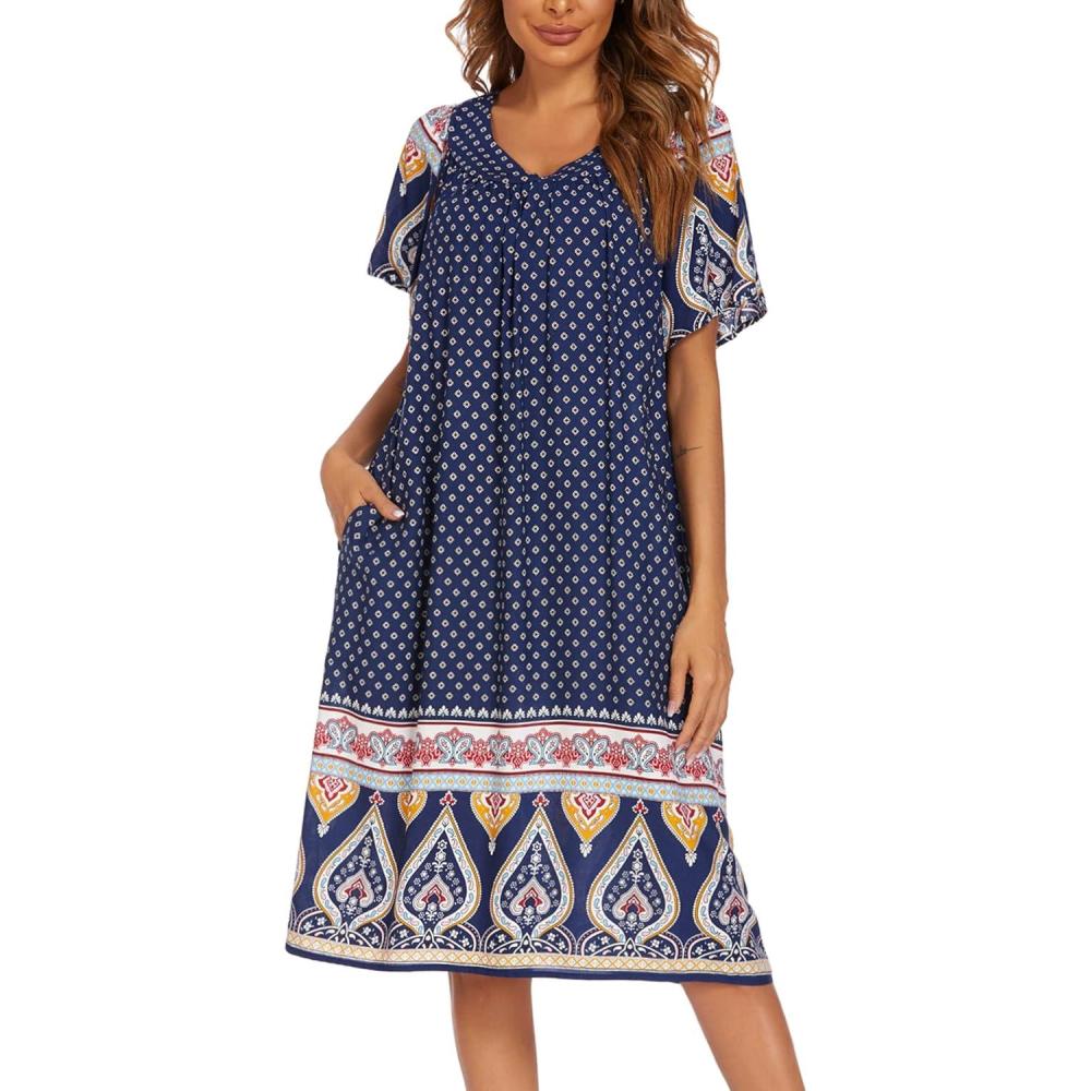 imageEkouaer Womens Nightgown Short Sleeve House Dress with PocketsFloral Print Mumu DressNavy Blue