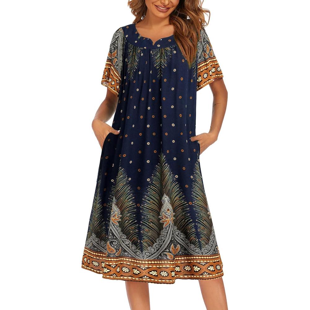 imageEkouaer Womens Nightgown Short Sleeve House Dress with PocketsFloral Print Mumu DressNavy Feather