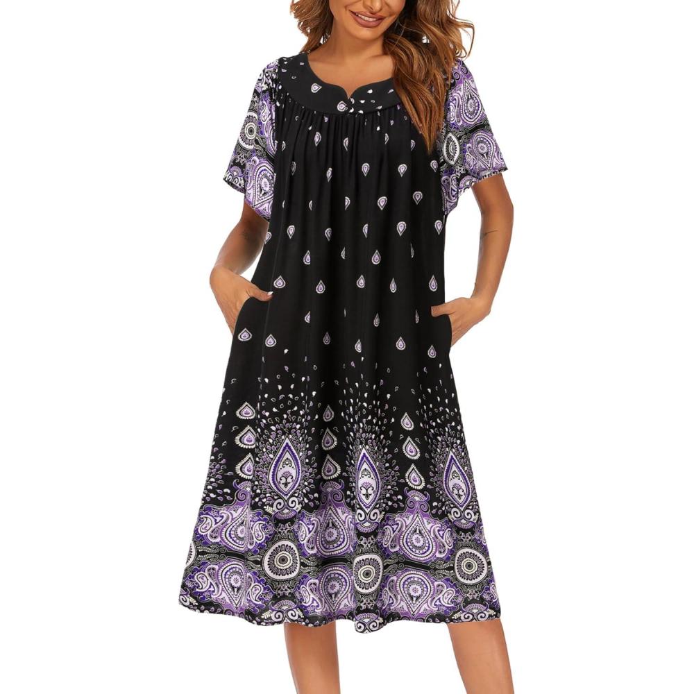 imageEkouaer Womens Nightgown Short Sleeve House Dress with PocketsFloral Print Mumu DressPurple Flower