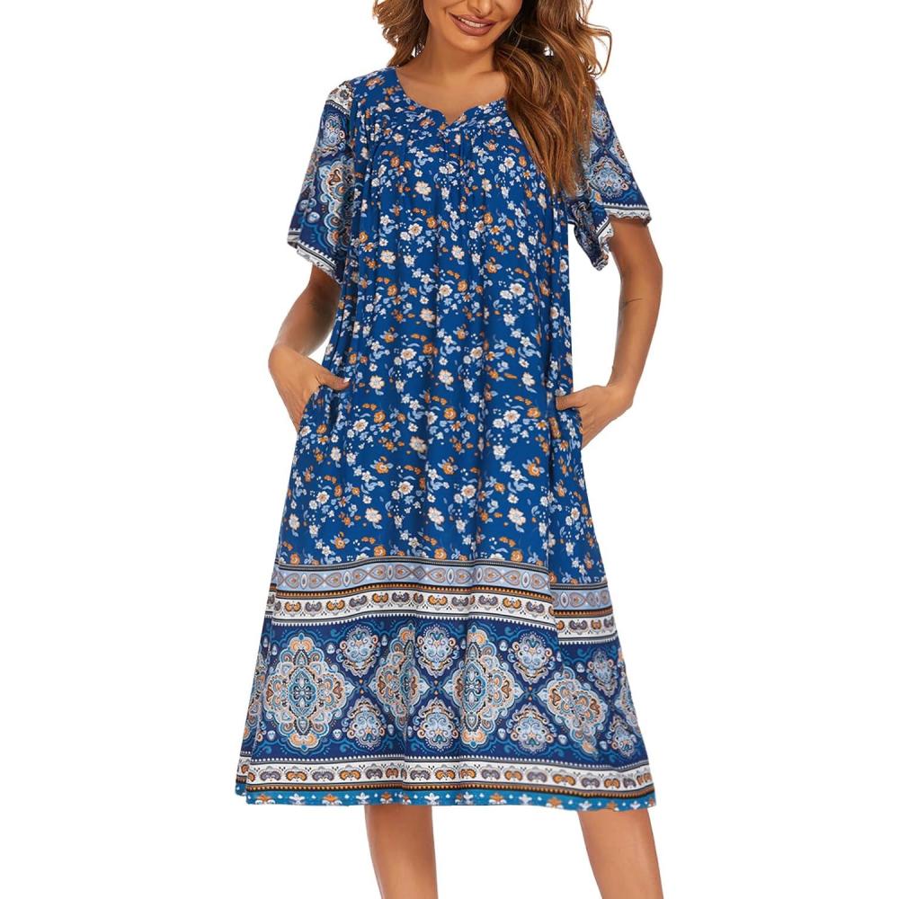 imageEkouaer Womens Nightgown Short Sleeve House Dress with PocketsFloral Print Mumu DressRoyal Blue