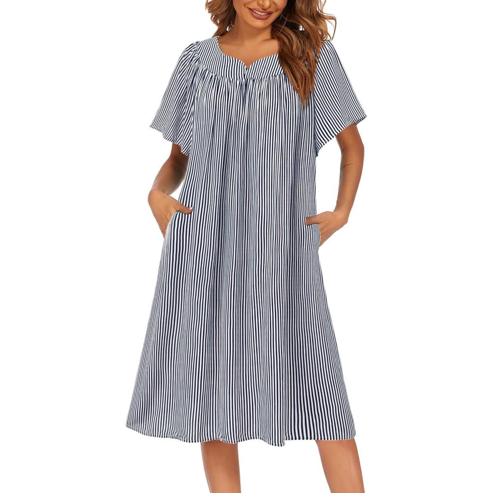 imageEkouaer Womens Nightgown Short Sleeve House Dress with PocketsFloral Print Mumu DressStripe Navy