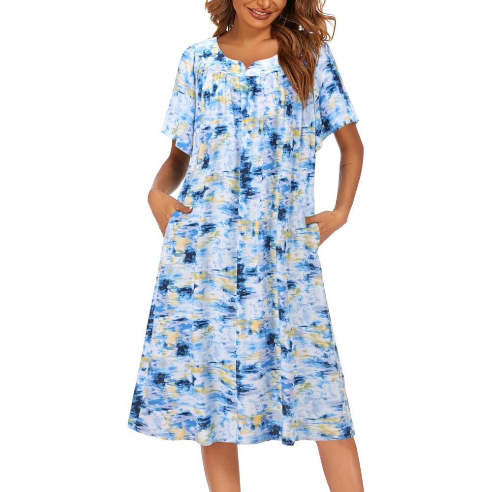 imageEkouaer Womens Nightgown Short Sleeve House Dress with PocketsFloral Print Mumu DressTie Dye Blue