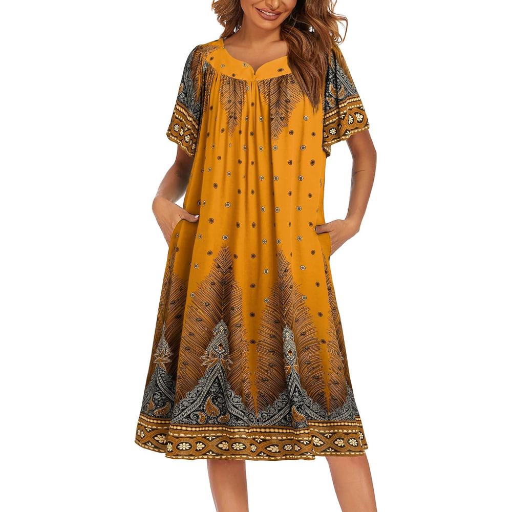 imageEkouaer Womens Nightgown Short Sleeve House Dress with PocketsFloral Print Mumu DressYellow Feather