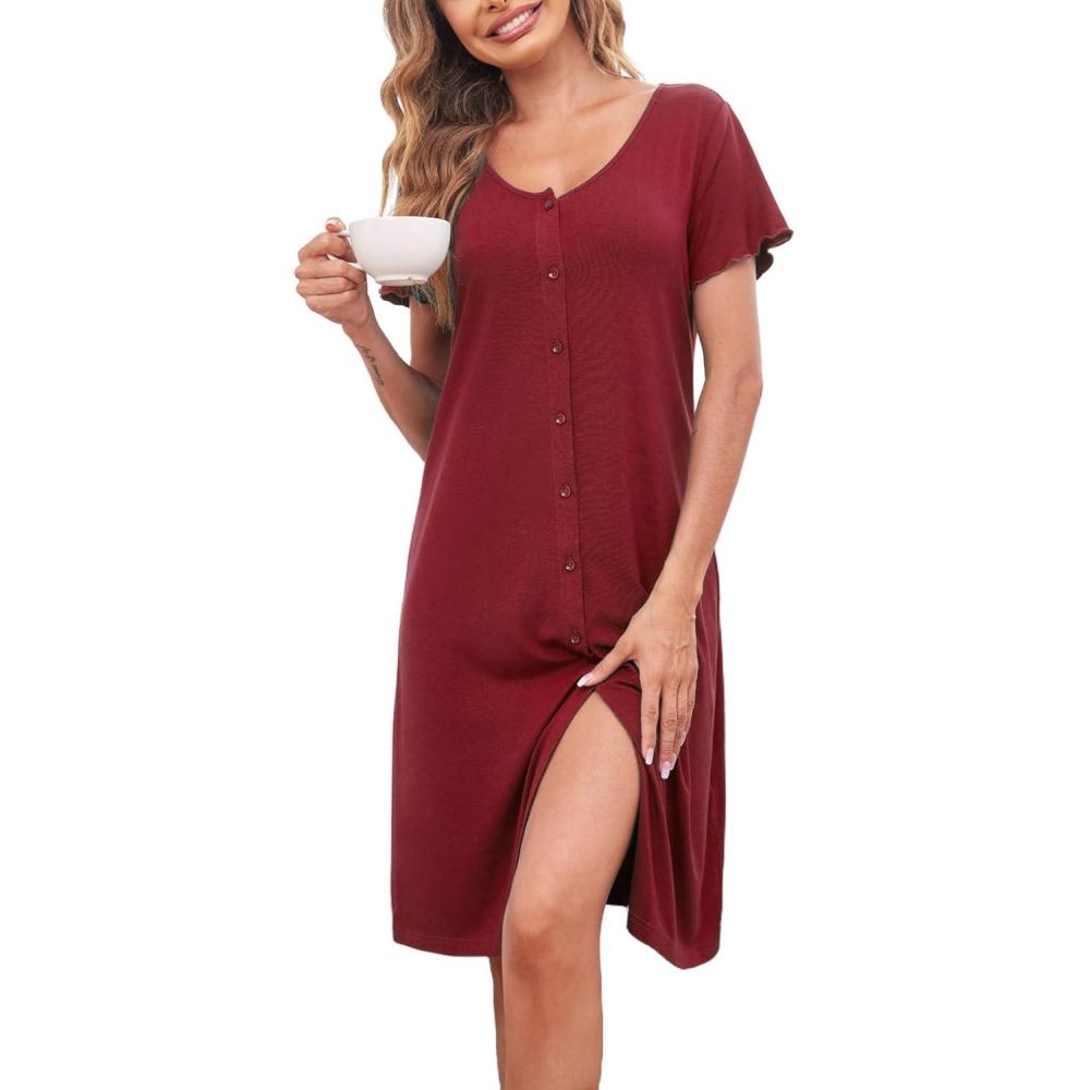 imageEkouaer Womens Nightshirt Short Sleeve Button Down Nightgown VNeck Sleepwear Pajama DressWine Red