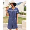 Ekouaer Sleepwear Womens Snap Front Nightgown Housecoat Cotton Duster Short Sleeve House Dress(Navy)