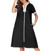 Ekouaer Housecoat Women Zipper Front Duster Robe Short Sleeve Lounger Housedress Pockets Nightgown Casual Nights S-XXXL(Black)