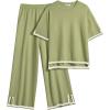 Ekouaer Lounge Set for Women Travel Outfits 2 Piece Sets Short Sleeve Sweater Top Wide Leg Long Pants Loungewear(Army Green)
