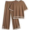 Ekouaer Lounge Set for Women Travel Outfits 2 Piece Sets Short Sleeve Sweater Top Wide Leg Long Pants Loungewear(Brown)