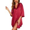Ekouaer Satin Nightgowns for Women Silk Sleepwear Button Down Sleepshirt 3/4 Sleeve V-Neck Nightshirts with Pockets(01 Wine Red)