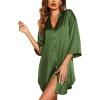 Ekouaer Satin Nightgowns for Women Silk Sleepwear Button Down Sleepshirt 3/4 Sleeve V-Neck Nightshirts with Pockets(Army Green)