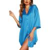 Ekouaer Satin Nightgowns for Women Silk Sleepwear Button Down Sleepshirt 3/4 Sleeve V-Neck Nightshirts with Pockets(Blue)