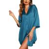 Ekouaer Satin Nightgowns for Women Silk Sleepwear Button Down Sleepshirt 3/4 Sleeve V-Neck Nightshirts with Pockets(Blue Green)