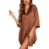 Ekouaer Satin Nightgowns for Women Silk Sleepwear Button Down Sleepshirt 3/4 Sleeve V-Neck Nightshirts with Pockets(Brown)