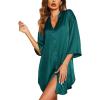 Ekouaer Satin Nightgowns for Women Silk Sleepwear Button Down Sleepshirt 3/4 Sleeve V-Neck Nightshirts with Pockets(Dark Green)