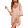 Ekouaer Satin Nightgowns for Women Silk Sleepwear Button Down Sleepshirt 3/4 Sleeve V-Neck Nightshirts with Pockets(Dark Pink)