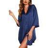 Ekouaer Satin Nightgowns for Women Silk Sleepwear Button Down Sleepshirt 3/4 Sleeve V-Neck Nightshirts with Pockets(Navy Blue)