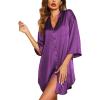 Ekouaer Satin Nightgowns for Women Silk Sleepwear Button Down Sleepshirt 3/4 Sleeve V-Neck Nightshirts with Pockets(Purple)