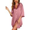 Ekouaer Satin Nightgowns for Women Silk Sleepwear Button Down Sleepshirt 3/4 Sleeve V-Neck Nightshirts with Pockets(Purple Red)