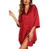 Ekouaer Satin Nightgowns for Women Silk Sleepwear Button Down Sleepshirt 3/4 Sleeve V-Neck Nightshirts with Pockets(Red)