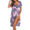 Ekouaer Women’s Nightshirt Short Sleeve Button Down Nightgown V-Neck Sleepwear Pajama Dress(Grey Floral)