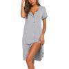 Ekouaer Women’s Nightshirt Short Sleeve Button Down Nightgown V-Neck Sleepwear Pajama Dress(Light Grey)