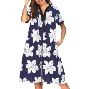 Ekouaer Housecoat Women Zipper Front Duster Robe Short Sleeve Lounger Housedress Pockets Nightgown Casual Nights S-XXXL(Pat15)