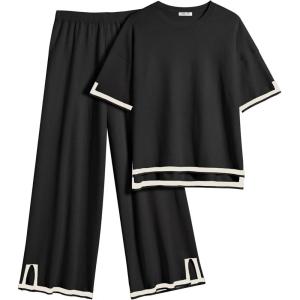 Ekouaer Lounge Set for Women Travel Outfits 2 Piece Sets Short Sleeve Sweater Top Wide Leg Long Pants Loungewear(Black)
