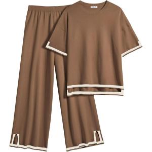 Ekouaer Lounge Set for Women Travel Outfits 2 Piece Sets Short Sleeve Sweater Top Wide Leg Long Pants Loungewear(Brown)
