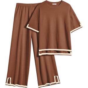 Ekouaer Lounge Set for Women Travel Outfits 2 Piece Sets Short Sleeve Sweater Top Wide Leg Long Pants Loungewear(Caramel)