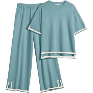 Ekouaer Lounge Set for Women Travel Outfits 2 Piece Sets Short Sleeve Sweater Top Wide Leg Long Pants Loungewear(Dark Peacock Blue)