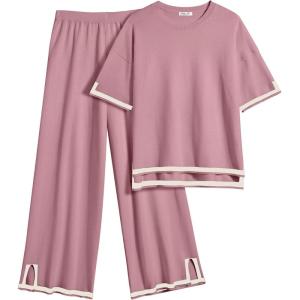 Ekouaer Lounge Set for Women Travel Outfits 2 Piece Sets Short Sleeve Sweater Top Wide Leg Long Pants Loungewear(Dark Pink)