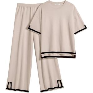Ekouaer Lounge Set for Women Travel Outfits 2 Piece Sets Short Sleeve Sweater Top Wide Leg Long Pants Loungewear(Moon Gray)