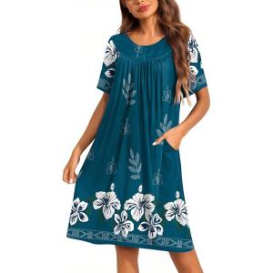 Ekouaer Moo Moos for Women Button House Dresses for Women with Pocket Mumu S-3XL(Blue Green Flower)