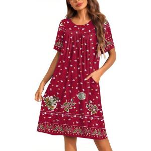 Ekouaer Moo Moos for Women Button House Dresses for Women with Pocket Mumu S-3XL(Red Boho Flower)