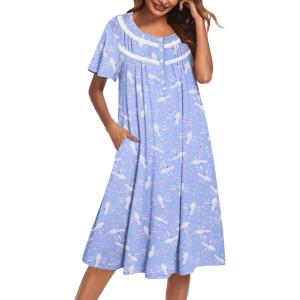 Ekouaer Moo Moos for Women House Dress with Pockets Short Sleeve Mumu Dress Button Down Nightgown Soft Sleepwear S-XXXL(Blue Pigeon)