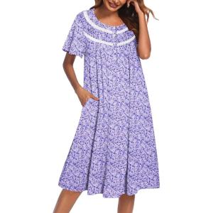 Ekouaer Moo Moos for Women House Dress with Pockets Short Sleeve Mumu Dress Button Down Nightgown Soft Sleepwear S-XXXL(Purple Dots)