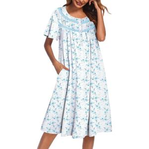 Ekouaer Moo Moos for Women House Dress with Pockets Short Sleeve Mumu Dress Button Down Nightgown Soft Sleepwear S-XXXL(White Blue Flower)