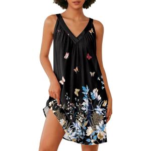 Ekouaer Nightgown for Women Sleeveless Sleepwear Lightweight Racerback Sleep Shirt Pleated V Neck Night Dress Short Chemise(Black Gold Butterfly & Leaf)