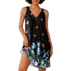 Ekouaer Nightgown for Women Sleeveless Sleepwear Lightweight Racerback Sleep Shirt Pleated V Neck Night Dress Short Chemise(Buttfly Print)