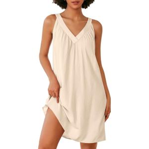 Ekouaer Nightgown for Women Sleeveless Sleepwear Lightweight Racerback Sleep Shirt Pleated V Neck Night Dress Short Chemise(Khaki)