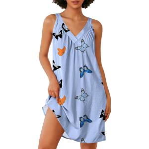 Ekouaer Nightgown for Women Sleeveless Sleepwear Lightweight Racerback Sleep Shirt Pleated V Neck Night Dress Short Chemise(Light Blue Butterfly)