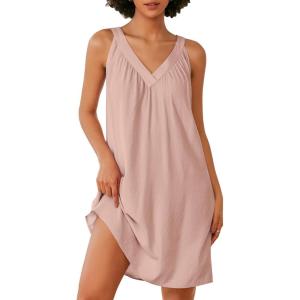 Ekouaer Nightgown for Women Sleeveless Sleepwear Lightweight Racerback Sleep Shirt Pleated V Neck Night Dress Short Chemise(Light Pink)