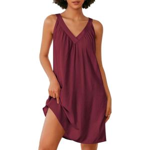 Ekouaer Nightgown for Women Sleeveless Sleepwear Lightweight Racerback Sleep Shirt Pleated V Neck Night Dress Short Chemise(Wine Red)