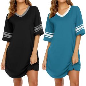 Ekouaer Nightgowns for Women 2 Pack Sleepshirts Short Sleeve Nightshirt V Neck Sleepwear Casual Pajama Dress(Black/Blue Green)