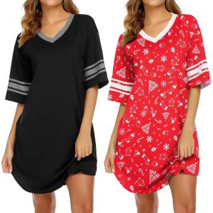 Ekouaer Nightgowns for Women 2 Pack Sleepshirts Short Sleeve Nightshirt V Neck Sleepwear Casual Pajama Dress(Black/Christmas Red)